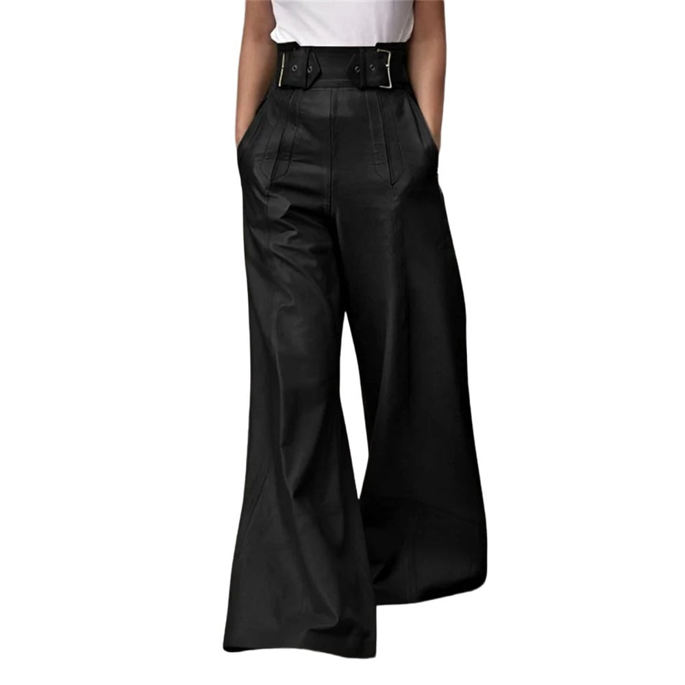 Womens High Waisted Faux PU Pants - Loose Wide Leg Streetwear Image 2