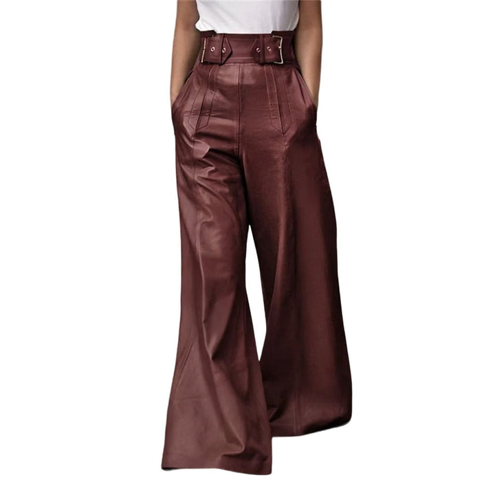 Womens High Waisted Faux PU Pants - Loose Wide Leg Streetwear Image 3