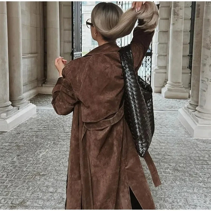 Elegant Suede Leather Long Coat - Chocolate Belted Double Button Oversize Jacket Image 4