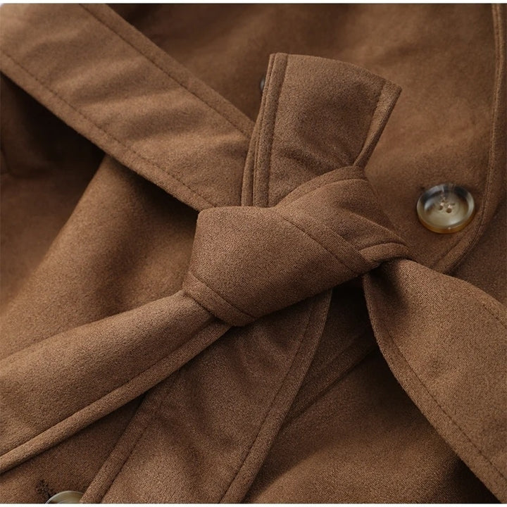 Elegant Suede Leather Long Coat - Chocolate Belted Double Button Oversize Jacket Image 6