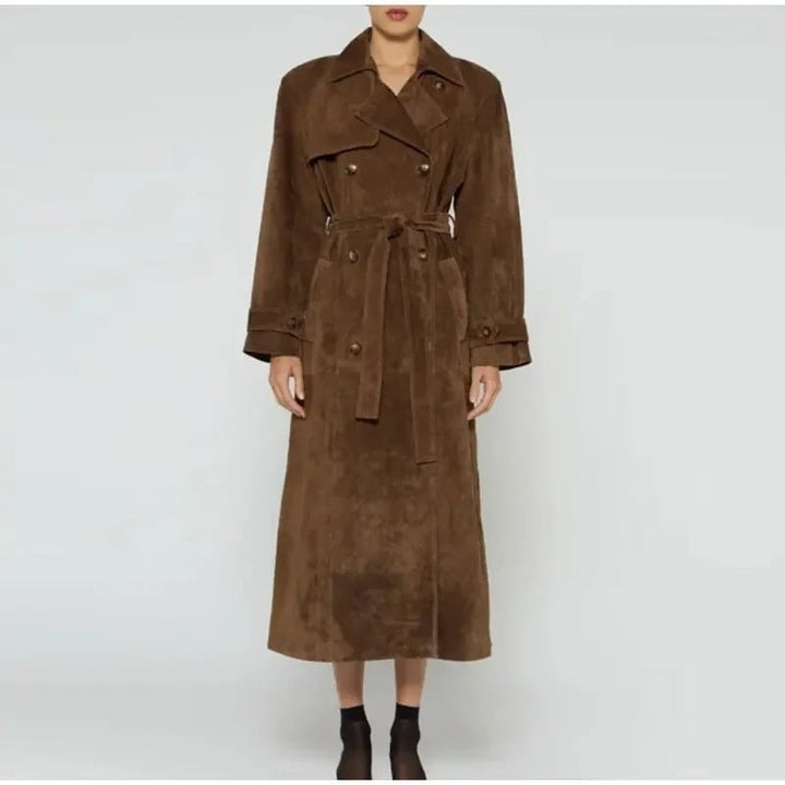 Elegant Suede Leather Long Coat - Chocolate Belted Double Button Oversize Jacket Image 8