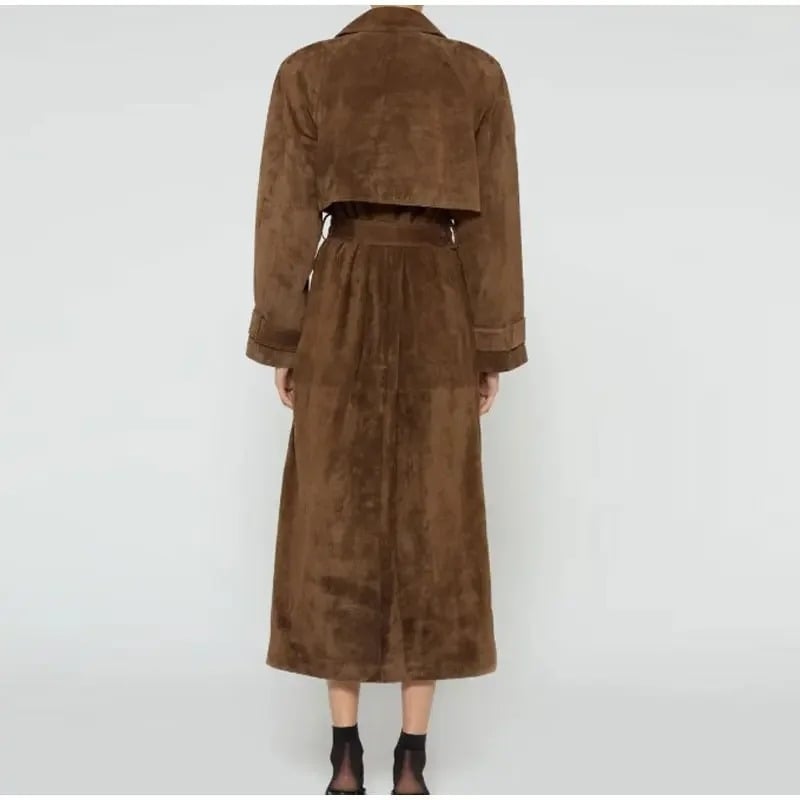 Elegant Suede Leather Long Coat - Chocolate Belted Double Button Oversize Jacket Image 9