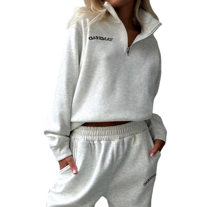 Womens Oversized Cotton Tracksuit - White Two-Piece Zipper Sports Set Image 2