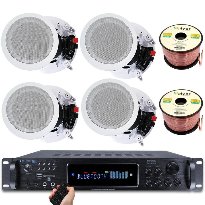 Home Stereo System - 7.2 Ch 2500W Bluetooth Amplifier w/ 4x 8" Framed Ceiling Speakers 200ft Wire and Remote Ideal for Image 1