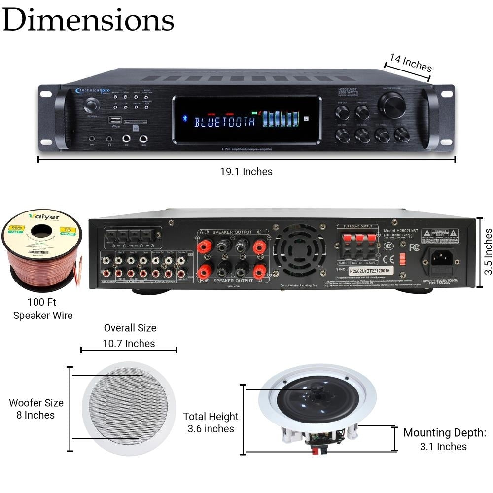 Home Stereo System - 7.2 Ch 2500W Bluetooth Amplifier w/ 4x 8" Framed Ceiling Speakers 200ft Wire and Remote Ideal for Image 2