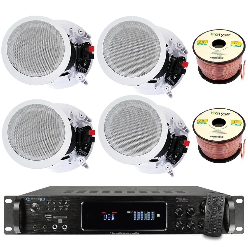 Home Stereo System - 7.2 Ch 4500W Bluetooth Amplifier w/ 4x 8" Framed Ceiling Speakers 200ft Wire and Remote Ideal for Image 1