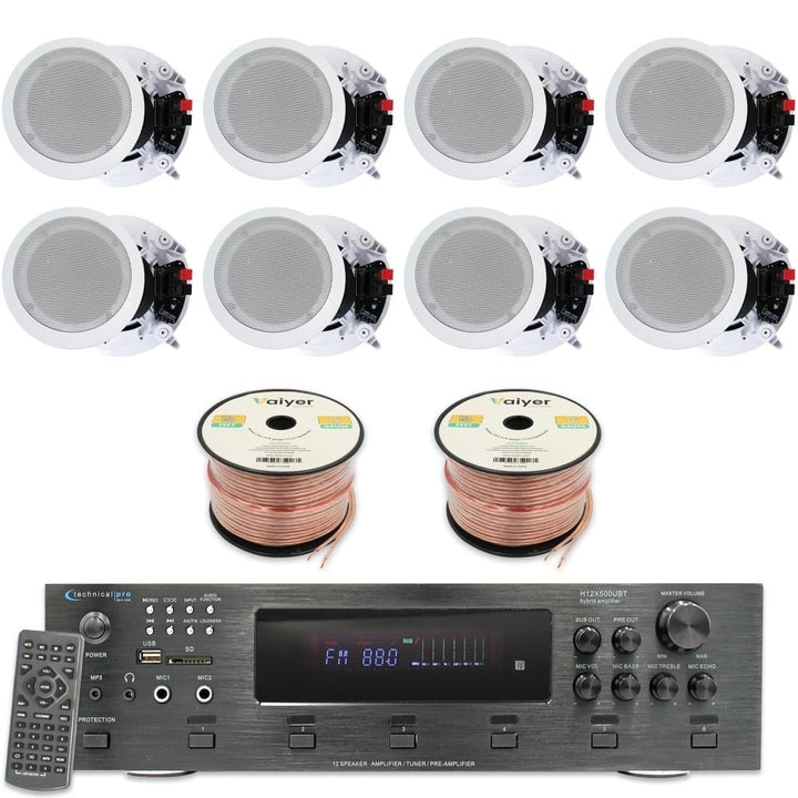 Home Theater System - 6 Ch 6000W Bluetooth Amplifier w/ 8x 8" Framed Ceiling Speakers 500ft Wire and Remote Ideal for Image 1