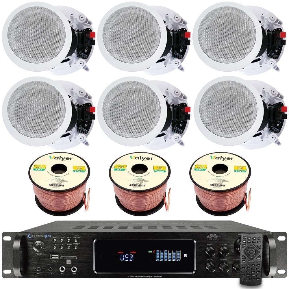 Home Theater Sound System - 7.2 Ch 4500W Bluetooth Amplifier w/ 6x 8" Framed Ceiling Speakers 300ft Wire and Remote Image 1