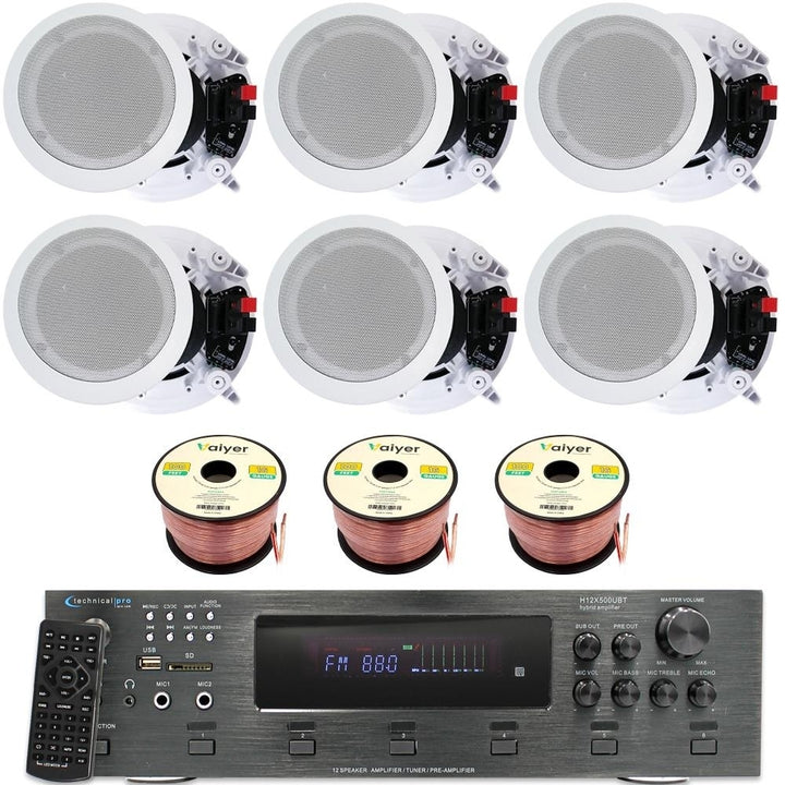 Home Stereo System - 6 Ch 6000W Bluetooth Amplifier w/ 6x8" Framed Ceiling Speakers 300ft Wire and Remote Ideal for Home Image 1