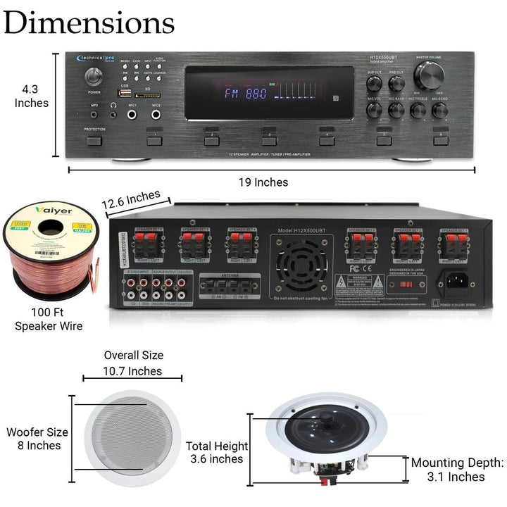 Home Stereo System - 6 Ch 6000W Bluetooth Amplifier w/ 6x8" Framed Ceiling Speakers 300ft Wire and Remote Ideal for Home Image 2