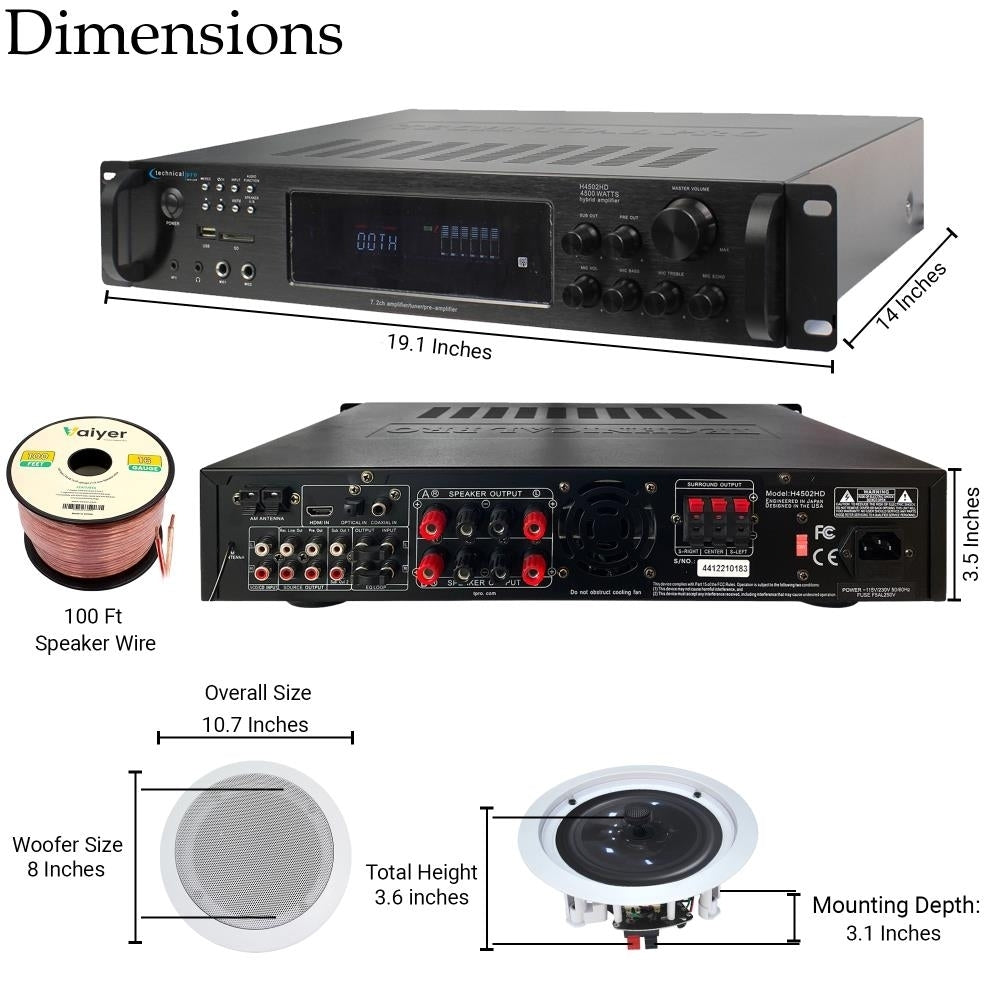 Home Theater Sound System - 7.2 Ch 4500W Bluetooth Amplifier w/ 6x 8" Framed Ceiling Speakers 300ft Wire and Remote Image 2