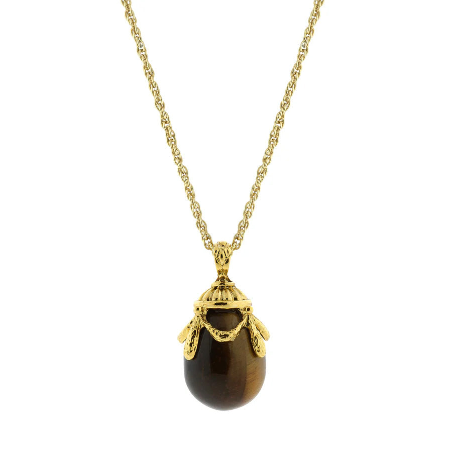 Womens Necklace Gold Tigers Eye Gemstone Egg Pendant Necklace 30" Image 1