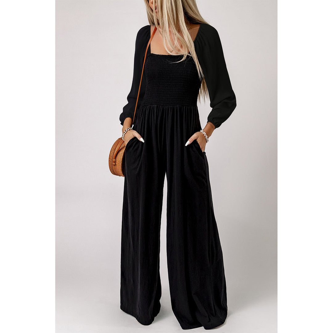 Ryleigh Smocked Square Neck Long Sleeve Wide Leg Jumpsuit Image 1