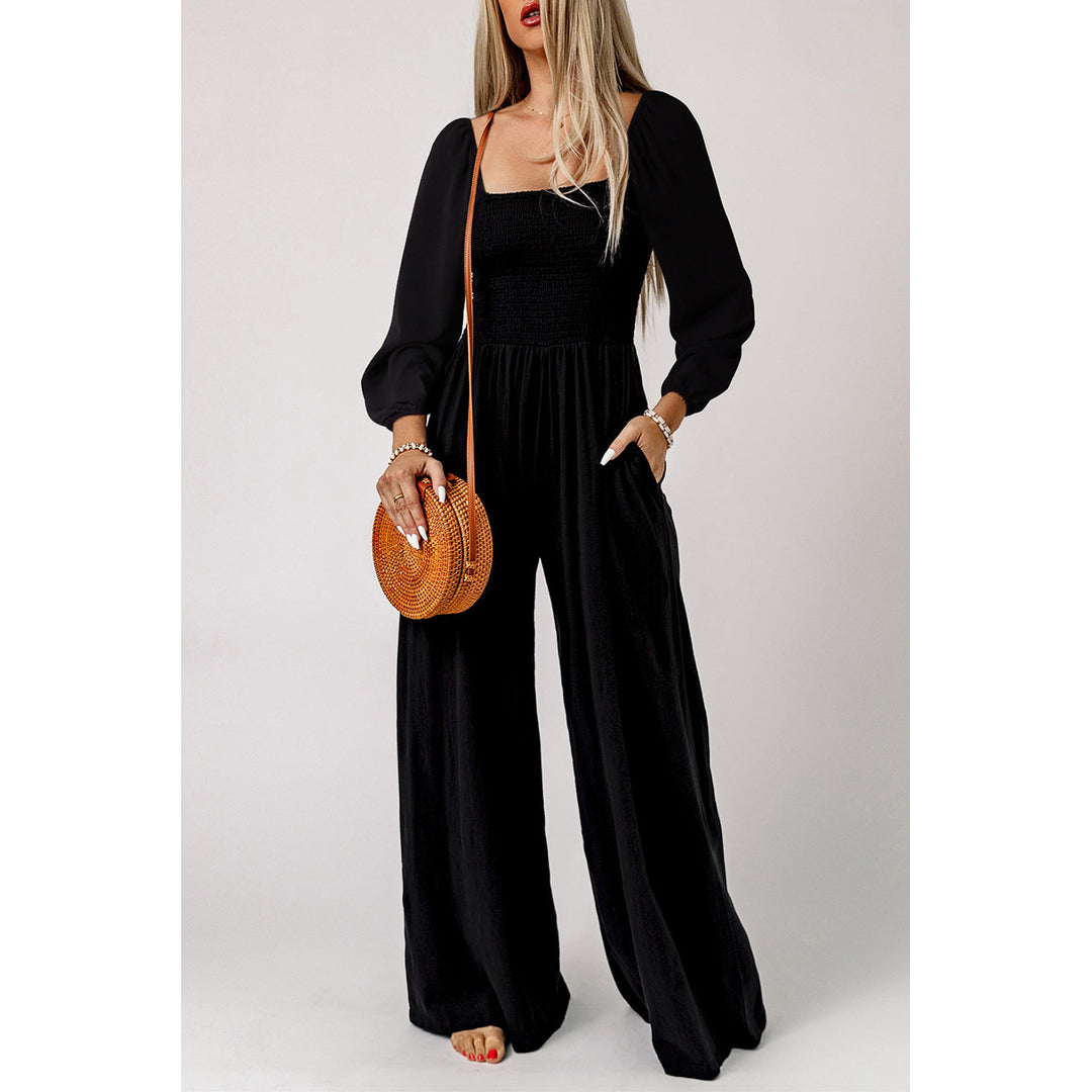 Ryleigh Smocked Square Neck Long Sleeve Wide Leg Jumpsuit Image 3