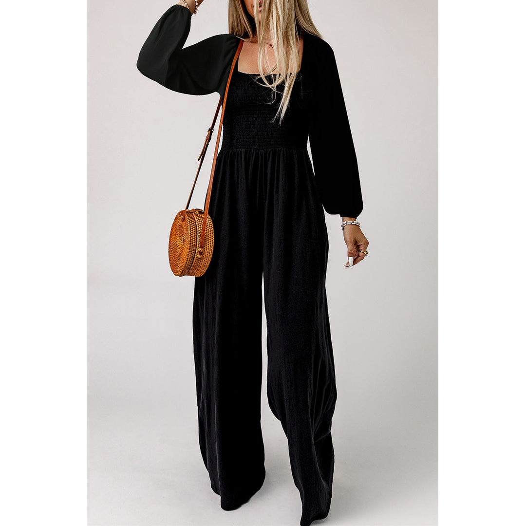 Ryleigh Smocked Square Neck Long Sleeve Wide Leg Jumpsuit Image 4