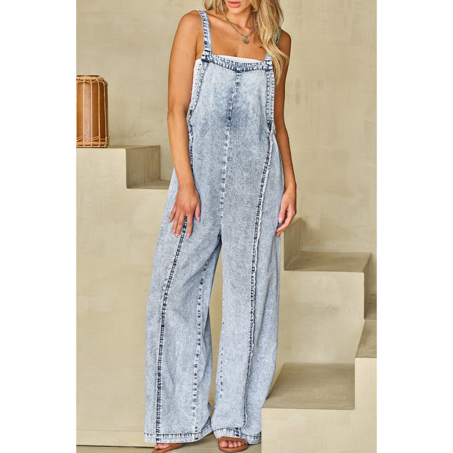 Savanna Frayed Exposed Seam Wide Leg Denim Overall Image 1