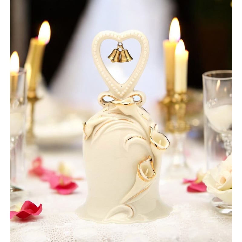 Ivory Ceramic Bell with Calla Lily Flowers and Golden Accents Anniversary Decor Image 1