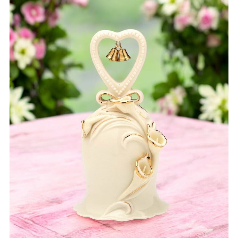 Ivory Ceramic Bell with Calla Lily Flowers and Golden Accents Anniversary Decor Image 2