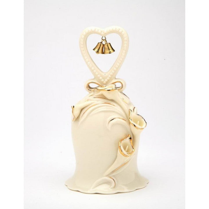 Ivory Ceramic Bell with Calla Lily Flowers and Golden Accents Anniversary Decor Image 3