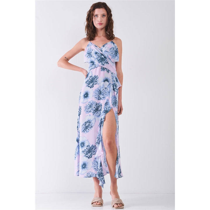 Floral Print Sleeveless Self-tie Wide Wrap Front Ruffle Hem Side Slit Detail Midi Dress Image 1