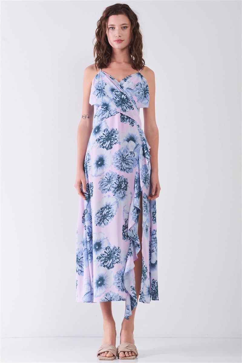 Floral Print Sleeveless Self-tie Wide Wrap Front Ruffle Hem Side Slit Detail Midi Dress Image 2