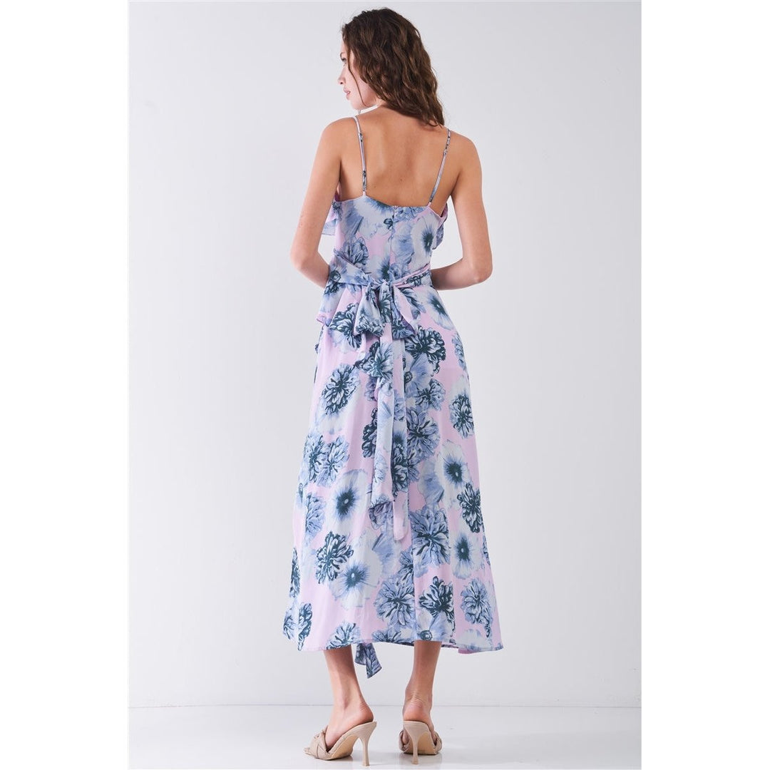 Floral Print Sleeveless Self-tie Wide Wrap Front Ruffle Hem Side Slit Detail Midi Dress Image 3