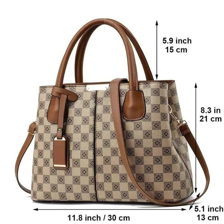 Elegant Flower Plaid Handbag - Zippered Satchel with Adjustable Strap Image 7