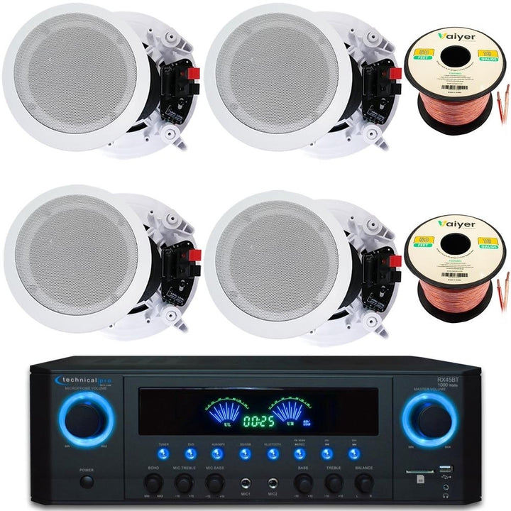 1000W Bluetooth Home Theater System Kit w/ 4x 8 Ceiling Speakers (300W Each) 100ft Wire and Remote - Ideal for Home Image 1