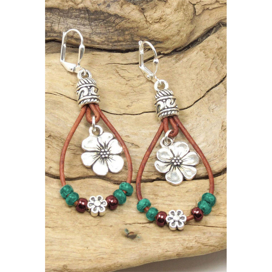 Silvery Western Leather Beaded Floral Dangle Earrings Image 1