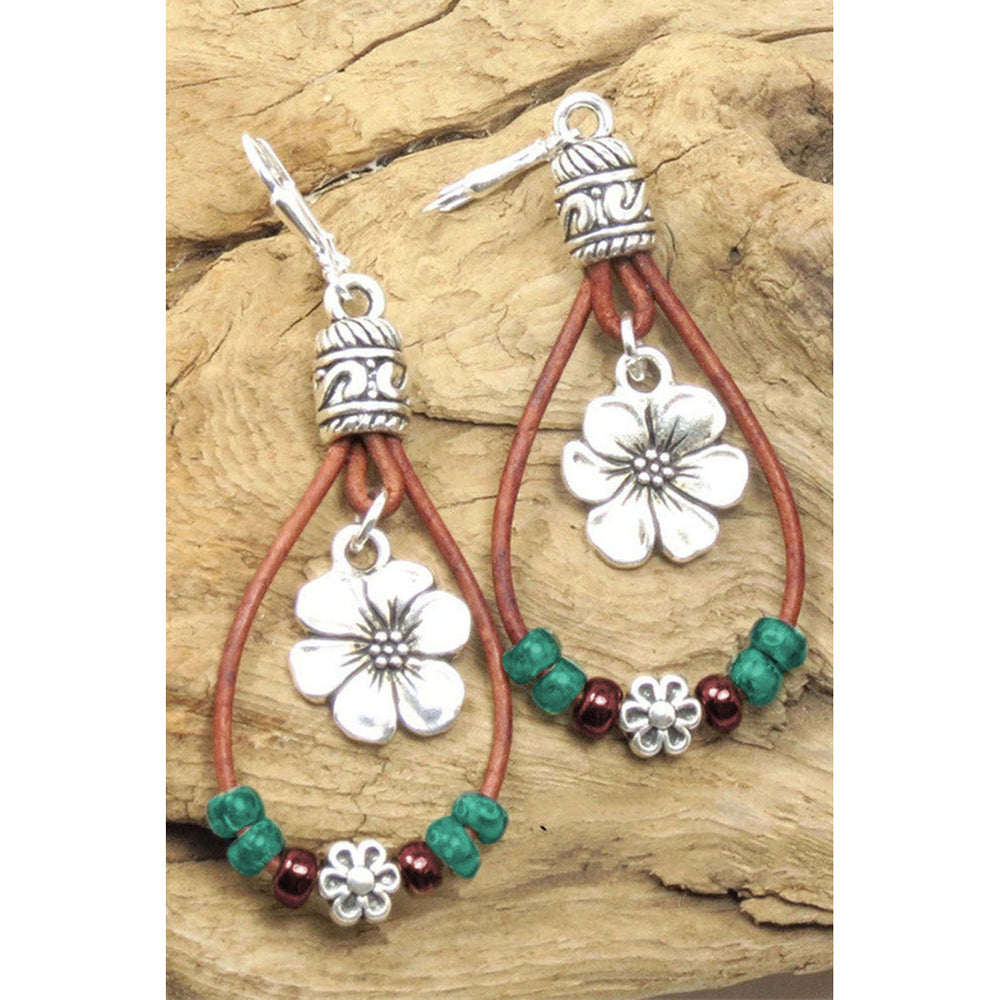 Silvery Western Leather Beaded Floral Dangle Earrings Image 2