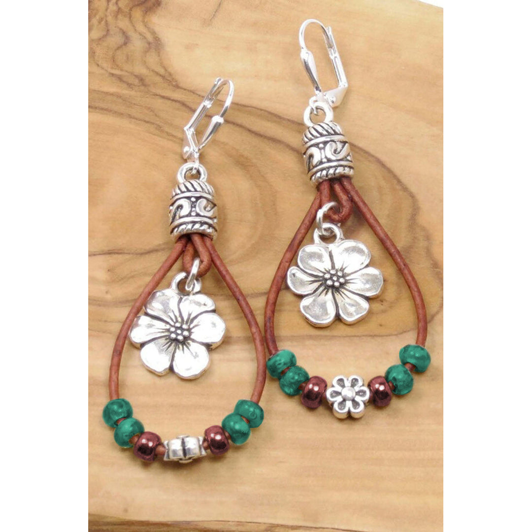 Silvery Western Leather Beaded Floral Dangle Earrings Image 3