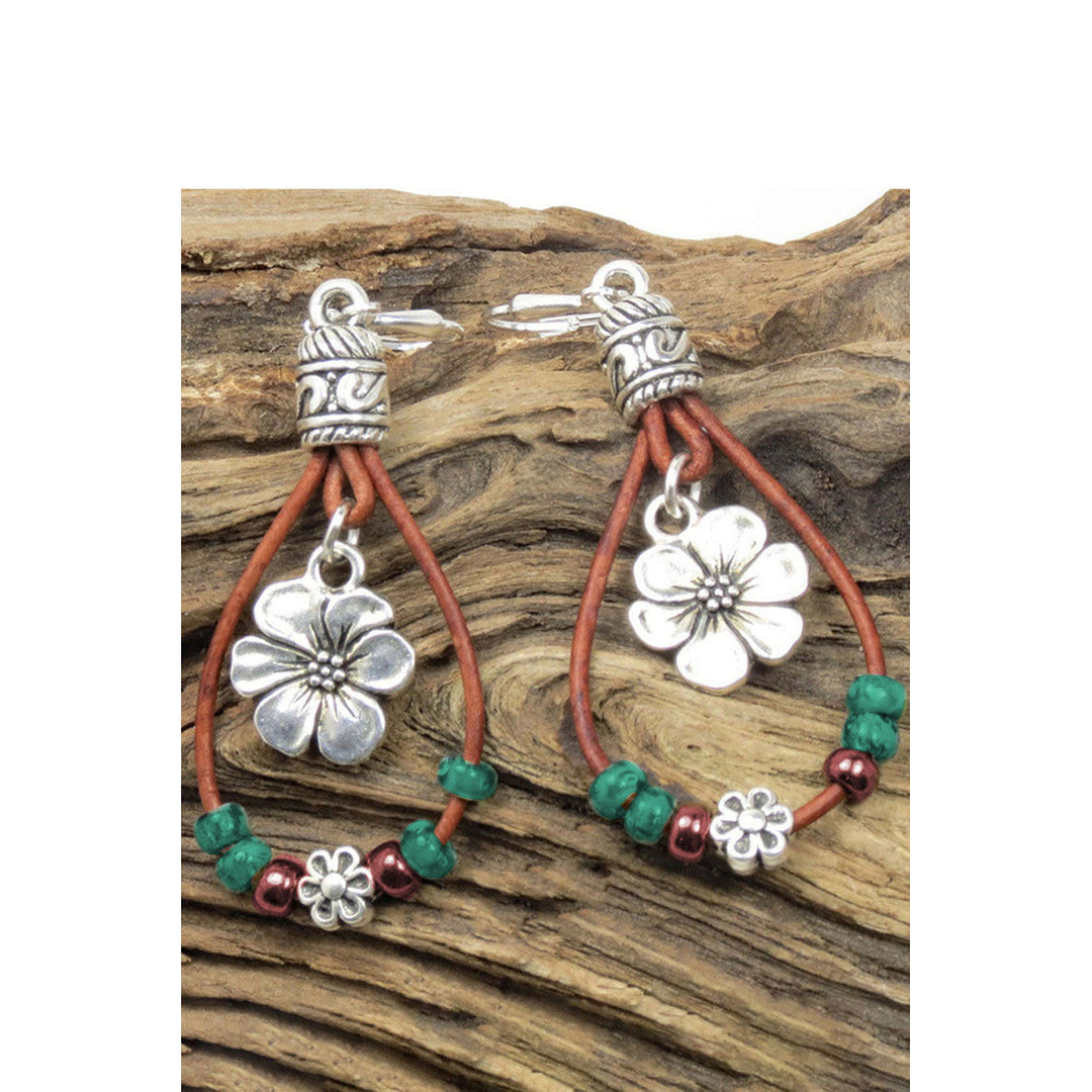 Silvery Western Leather Beaded Floral Dangle Earrings Image 4