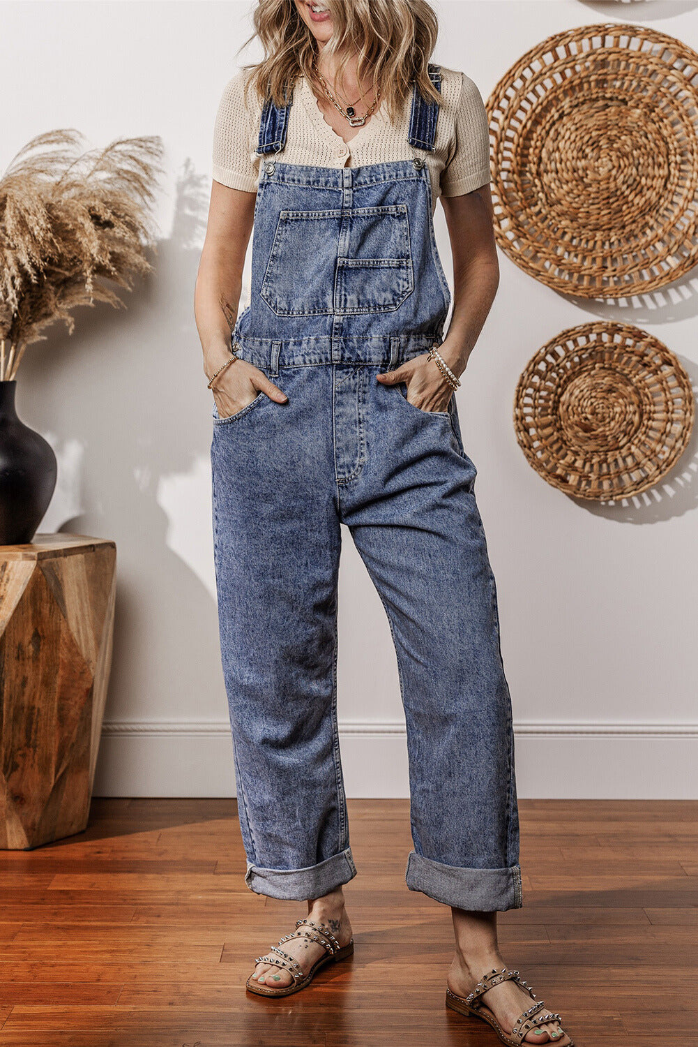 Piper Denim Straight Leg Jumpsuit with Pockets Image 6