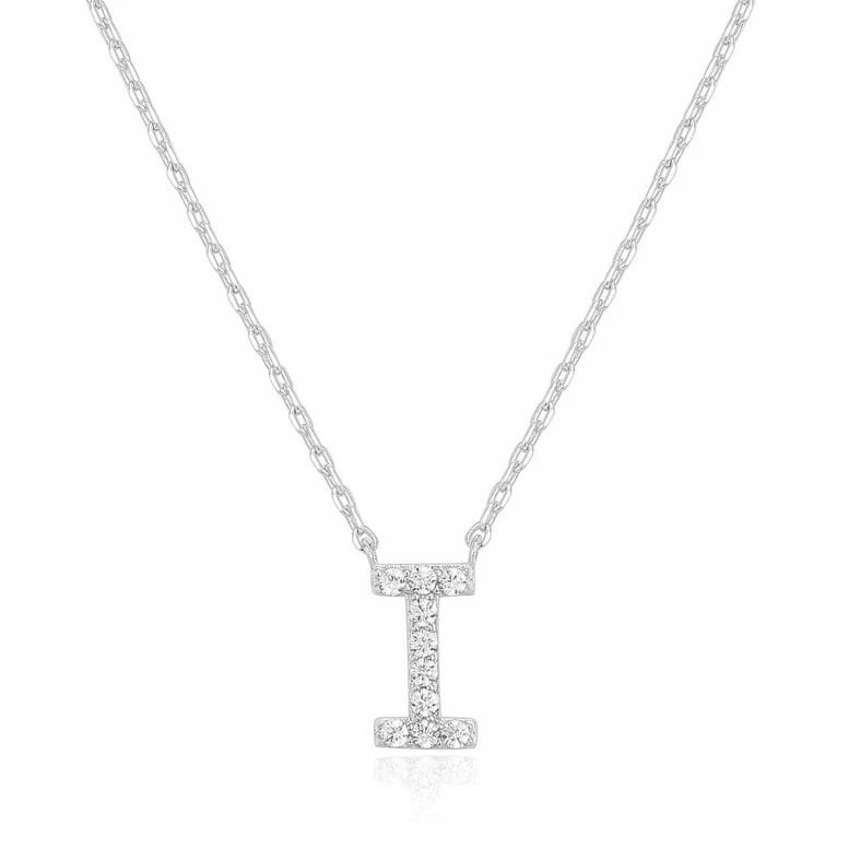 14k White Gold Created Diamond Initial I Letter Pendant Necklace Plated Image 1