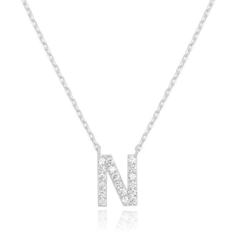 14k White Gold Created Diamond Initial N Letter Pendant Necklace Plated Image 1