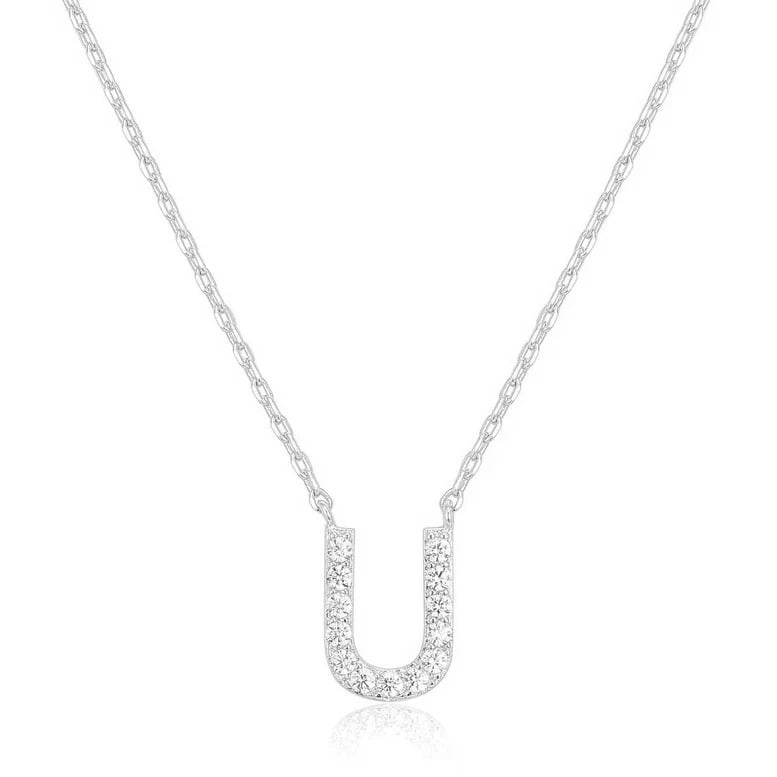 14k White Gold Created Diamond Initial U Letter Pendant Necklace Plated Image 1