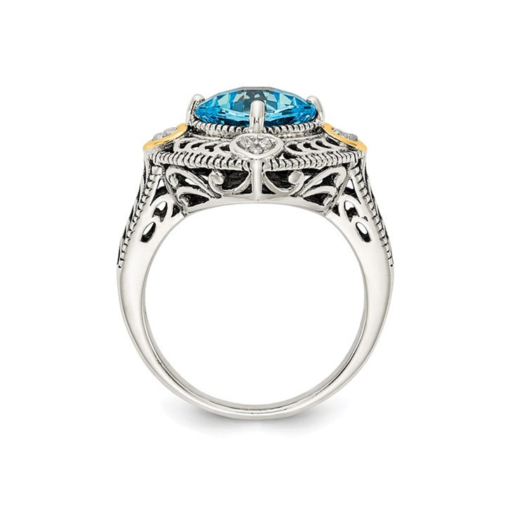 2.70 Carat (ctw) Blue Topaz Ring in Antiqued Sterling Silver with 14K Gold Accent Hearts Image 4