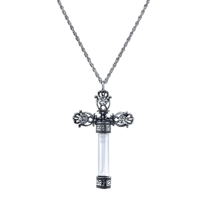 Womens Necklaces Jewelry Antiqued Ornate Cross Clear Crystal Glass Vial Necklace 30" Image 1