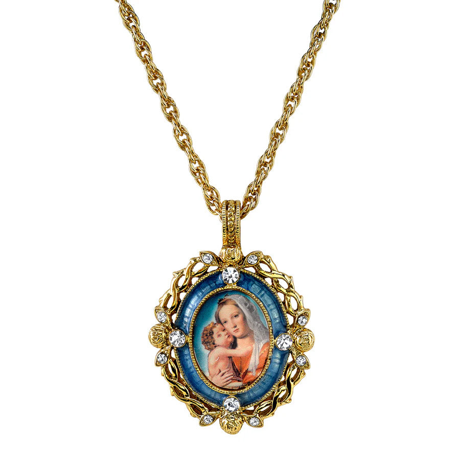 Womens Necklace Gold Symbols Of Faith Crystal Blue Enamel Mary And Child Pendant Necklace 24" Image 1