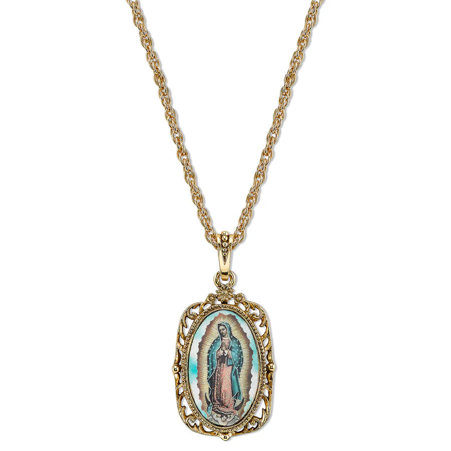 Womens Necklace Gold Symbols Of Faith Lady Of Guadalupe Medallion Pendant Necklace 24" Image 1