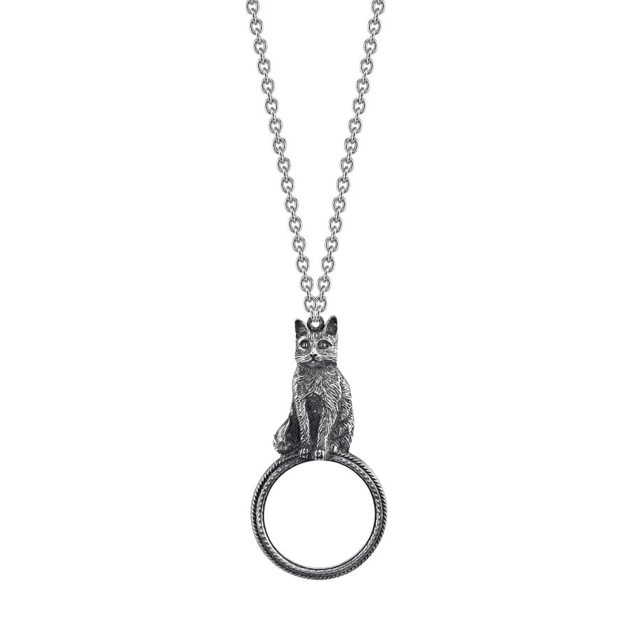 Womens Silver Necklace Jewelry Antiqued Cat Magnifying Glass Pendant Necklace 30" - Magnification Power: 2-3X Image 1