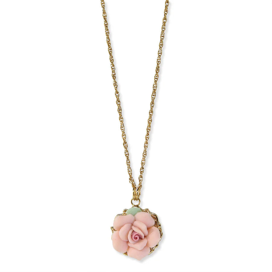 Womens Necklace Gold Jewelry Genuine Porcelain Rose Pendant Necklace 16" + 3" Extender Image 1