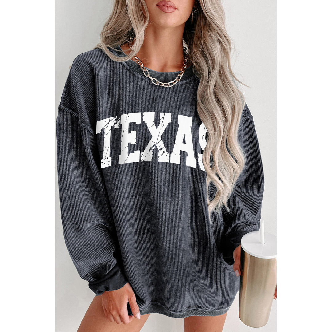 Texas Ribbed Knit Round Neck Pullover Sweatshirt Image 1