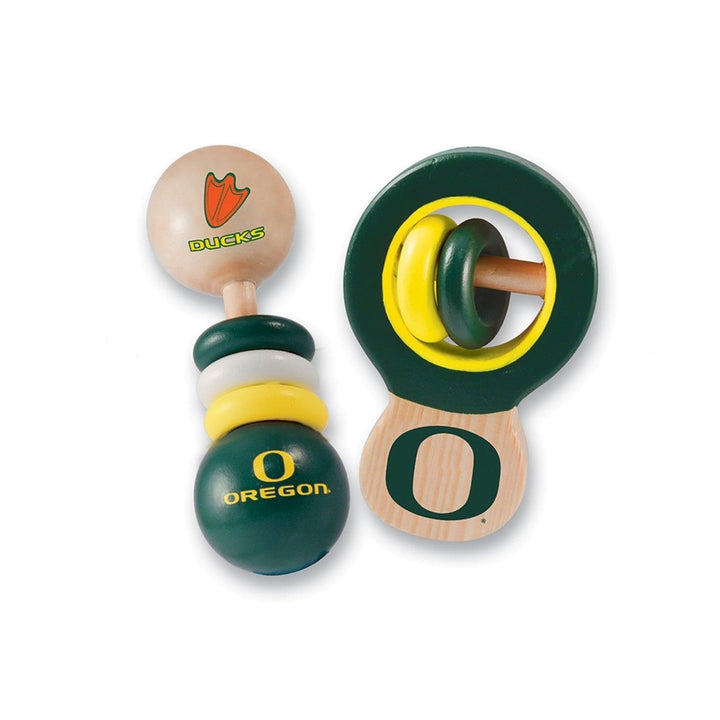 Oregon Ducks Baby Rattles 2-Pack Real Wood BPA Free Non-Toxic Baby Toys Image 1