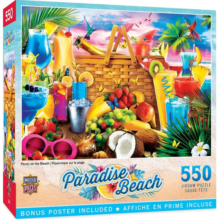 MasterPieces Paradise Beach 550PC Jigsaw Puzzle 24x18 Tropical Drinks Parrots Image 1