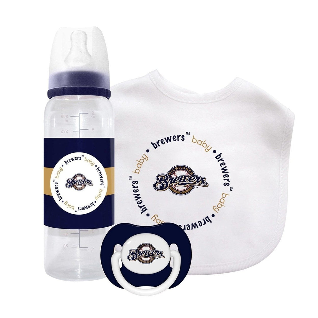 Milwaukee Brewers 3-Piece Baby Gift Set BPA-Free Pacifier Bottle Bib Image 1