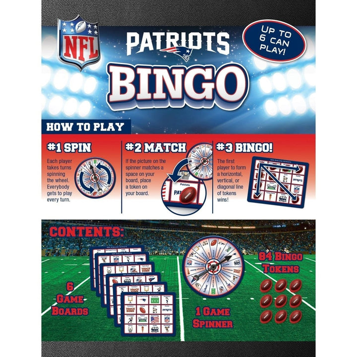 England Patriots Bingo Game NFL Family Fun 6 Gameboards 84 Tokens Ages 3+ Image 3