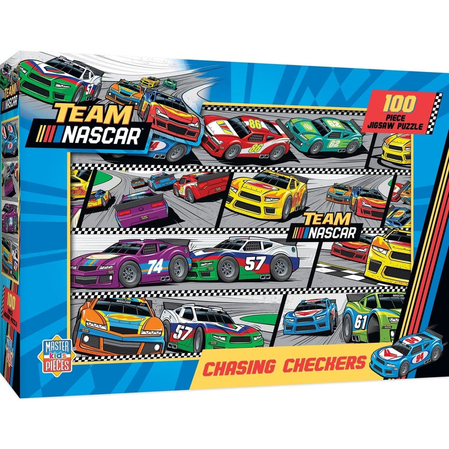 NASCAR Chasing Checkers 100 Piece Jigsaw Puzzle 19x14 inches for Ages 6+ Image 1