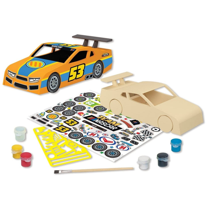 NASCAR Wood Race Car Craft Kit with Paints Brush Stickers and Stencils Image 2