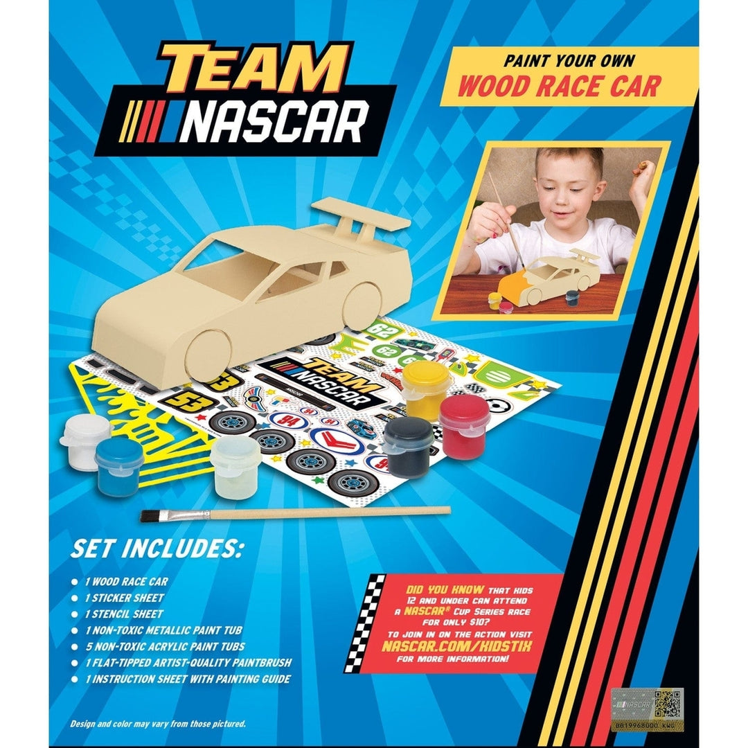 NASCAR Wood Race Car Craft Kit with Paints Brush Stickers and Stencils Image 3